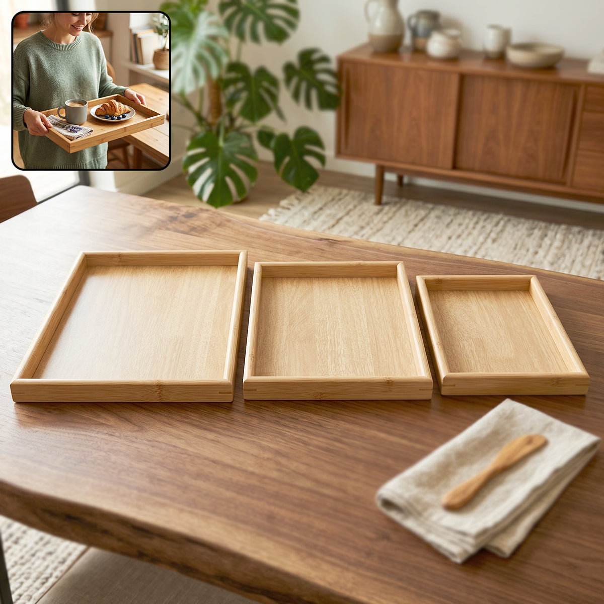 Wooden Finish Multipurpose Serving Tray Set (3 Pc)
