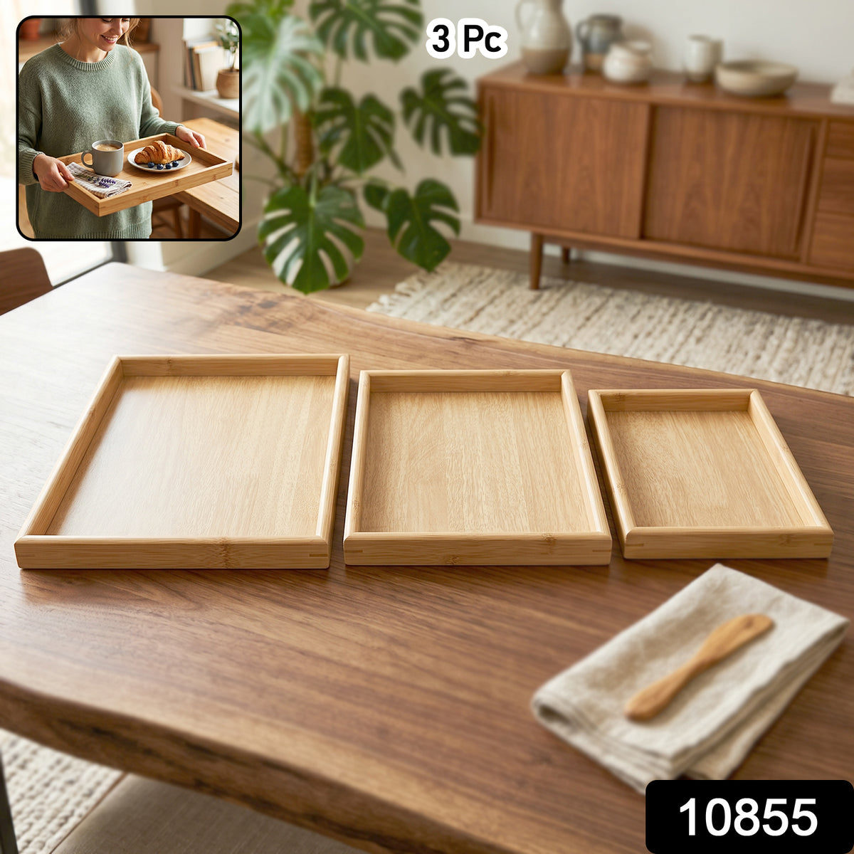 Wooden Finish Multipurpose Serving Tray Set (3 Pc)